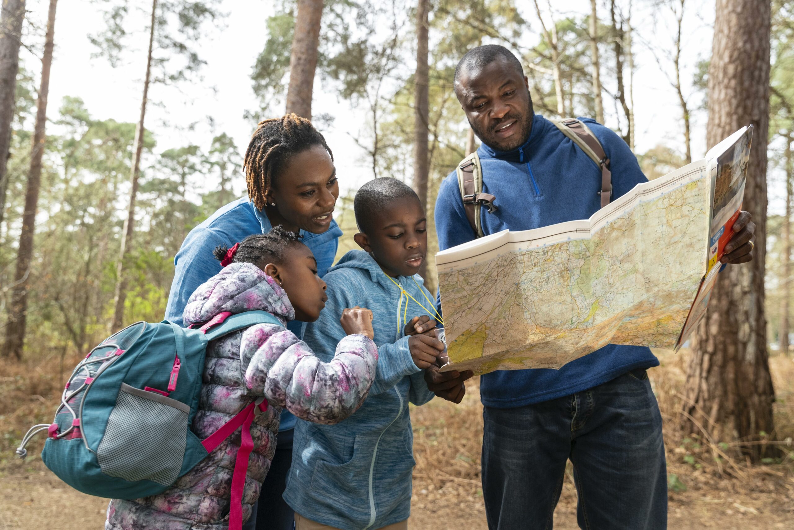 famille voyageant ensemble a travers les bois scaled